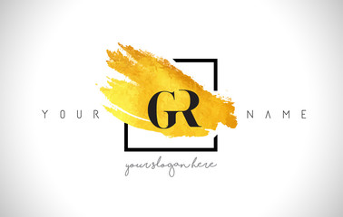 GR Golden Letter Logo Design with Creative Gold Brush Stroke - obrazy, fototapety, plakaty