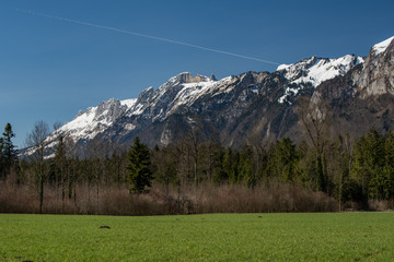 Gebirge über dem Rheintal im Frühling