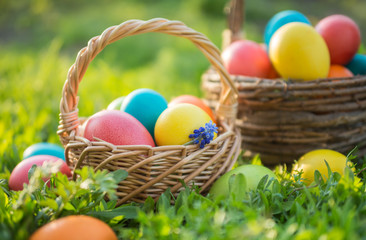 Happy Easter. Painted Easter eggs in a basket, closeup shot