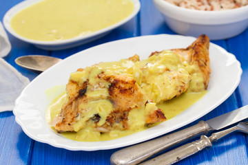 chicken with sauce on white dish