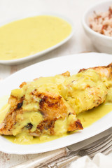 chicken with sauce on white dish