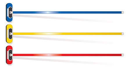 curling brooms blue, yellow and red viewed from above