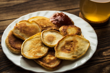 homemade vegan pancackes with jam and tea