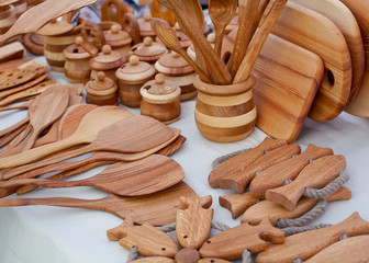 wooden spoons on market