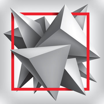 Volume geometric shapes, 3d crystals. Abstract low polygons object composition. Bright red frame. Vector design form