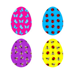 Easter eggs vector icon background. Flat style of colorful eggs with butterfly, ladybird and bee. Vector illustration on white