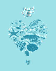 World Oceans Day. June 8th. Heart of sea animals