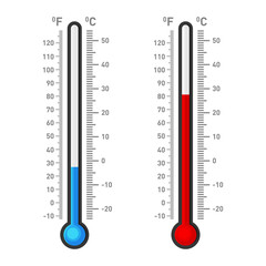 Celsius and Fahrenheit Thermometers Showing Hot or Cold Weather. Vector - obrazy, fototapety, plakaty
