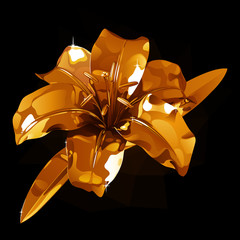 Золотой цветок лилии на темном фоне, с подсветкой и бликами