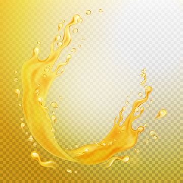 Transparent orange liquid splash. Juice frame. Water, honey, butter, juice, beer, shampoo. Vector illustration.