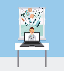 computer with medical doctor on screen and medicine equipment around over blue background. colorful design. vector illustration