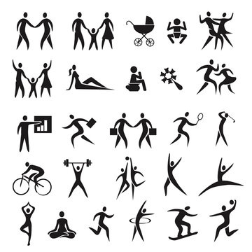 Icons people family business sport.
Set of black icons of family life, children, business, sport. Vector available.