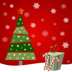 Naklejka premium christmas tree with gifts and candys. Red background