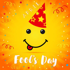 April Fools Day smile festive cap card. 1 April Fool's Day text and vector illustration of a smiling face on red festive cap 