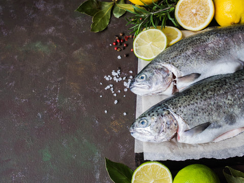 Pair of fresh trout, lemons, bay leaf, spices on a dark background. Top view
