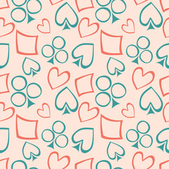 Seamless vector pattern with icons of playings cards. background with hand drawn symbols. Decorative repeat ornament. Series of Gaming and Gambling Seamless vector Patterns.
