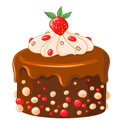 Cartoon icon chocolate-coffee cake with caramel syrup, strawberries and whipped cream. - 140923902