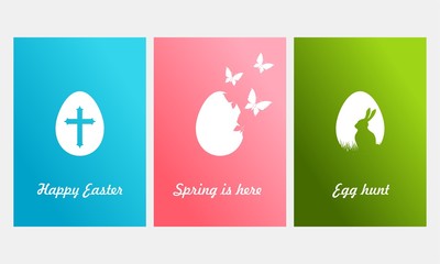 Easter greeting card. Set of multicolor Easter eggs  with silhouettes on white and color background. Set of Easter egg's silhouettes. Vector illustration