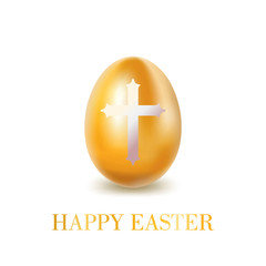 Fototapeta premium Gold Easter egg with white cross on white background. inscription Happy Easter. Vector illustration