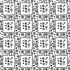 Seamless vector pattern. Black and white geometrical background with hand drawn decorative tribal elements. Print with ethnic, folk, traditional motifs. Graphic vector illustration.