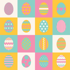 Easter greeting card. Set of multicolor Easter eggs  on color background. Vector illustration 