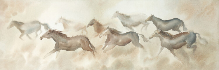 Herd of horses ridding watercolor © Egle