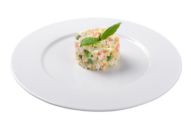 Salad Olivie. Isolated background, concept for Russian restaurant menu.