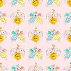 Vector seamless pattern with insect Hand drawn outline decorative endless background with cute drawn butterfly, wasp Graphic illustration. Line drawing. Print for wrapping, background, decor