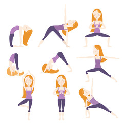 Cartoon Yoga Poses set. Red hair girl