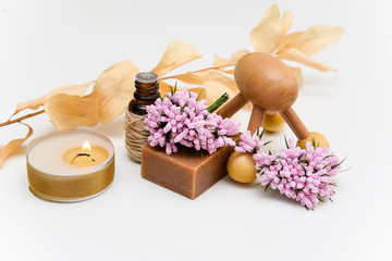spa background with soap, oil and candle