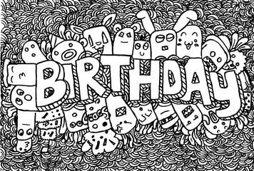 hand drawing cute doodle monster birthday