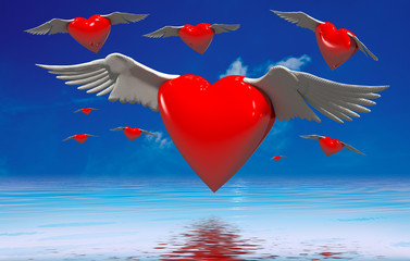 3d,  fliegende rote Herzen am Himmel