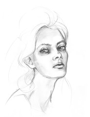 The girl pencil drawing. A charcoal drawing. Black-and-white portrait of a girl. Fashion. Beautiful portrait of a girl.
