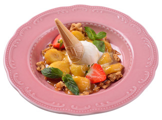 Baked banana with caramel and ice cream, isolated