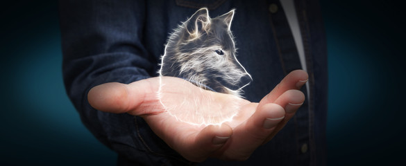 Person holding fractal endangered wolf illustration 3D rendering