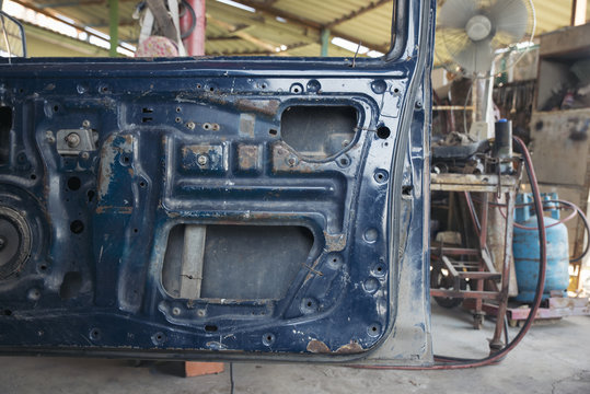 Old Car Door In The Garage. It's Just A Car Accident.