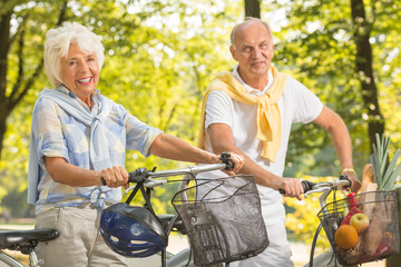 Active seniors cycling in park