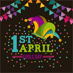 april fools day card with jester hat icon over black background. colorful desing. vector illustration