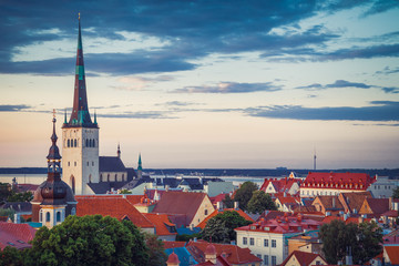 Spring cityscape of old town Tallinn at dusk, Estonia