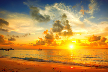 Sunset beach with beautiful sky landscape. Travel, vacation concept background