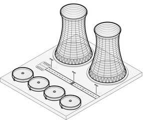 Vector isometric cooling system of nuclear power plant, isolated on white background. Cooling tower of power station. Concrete thermal power plant tower in outline stylization. Industrial architecture