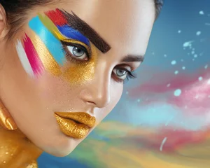 Gordijnen Schoonheid mode kunst portret van mooie vrouw met kleurrijke abstracte make-up © Subbotina Anna