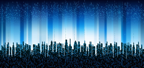 The city online. Abstract futuristic digital city, skyline  background. Network digital technology concept, cloud service