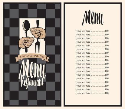 Vector restaurant menu template with price, hands and utensils on the chess background