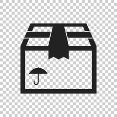 Packaging box icon with umbrella symbol. Shipping pack simple vector illustration on isolated background.