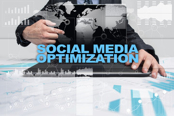 Businessman presenting social media optimization concept.