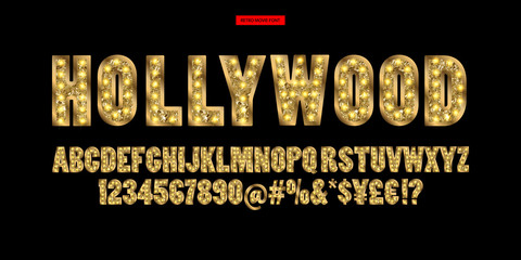 Hollywood. Color Golden alphabet with show lamps. - obrazy, fototapety, plakaty