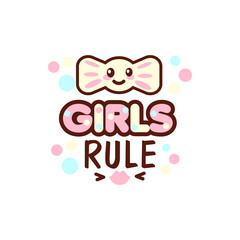 The vector illustration of pink ribbon and the girls rule text with stylish kawaii emoji. Vector style girls gift emoticons for print on t-shirt, one piece body gift for kids