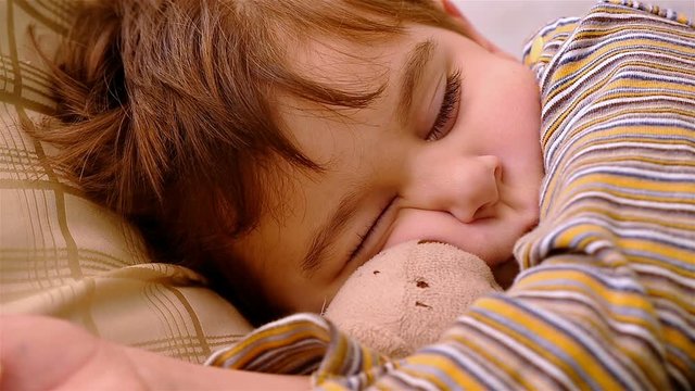 Close portrait of 3 years old boy sleeping with teddy bear