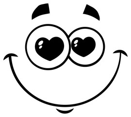 Black And White Smiling Love Cartoon Funny Face With Hearts Eyes Expression. Illustration Isolated On White Background